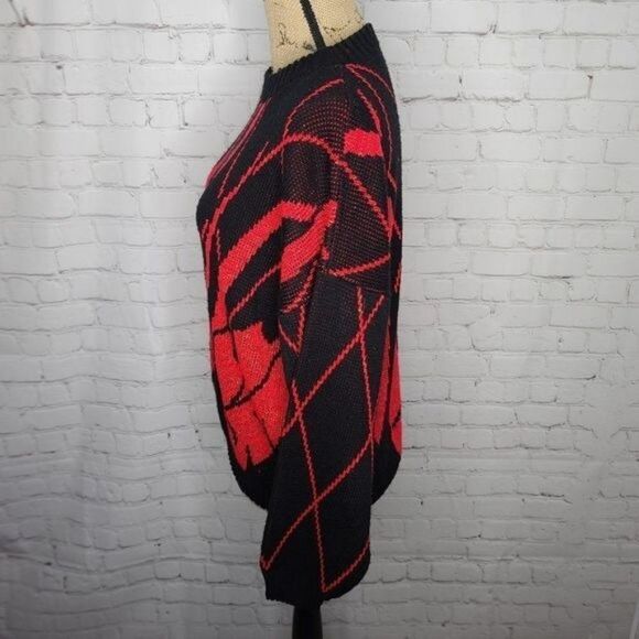 Vintage 80s Red Black Abstract Leaf Lurex Cozy Sweater  Soft Goth - Picture 5 of 14